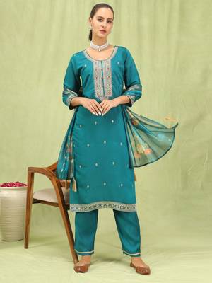 Vredevogel  women   s viscose roman silk embroidery straight kurta pant with dupatta set 1
