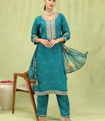 Vredevogel  women   s viscose roman silk embroidery straight kurta pant with dupatta set