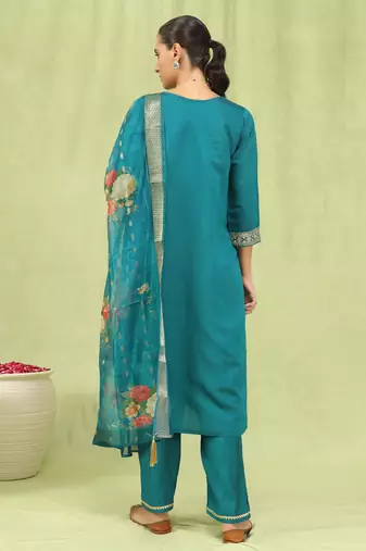 Vredevogel  women   s viscose roman silk embroidery straight kurta pant with dupatta set