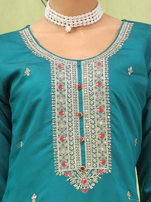 Vredevogel  women   s viscose roman silk embroidery straight kurta pant with dupatta set 3