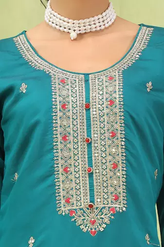 Vredevogel  women   s viscose roman silk embroidery straight kurta pant with dupatta set