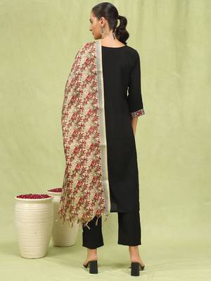 Vredevogel  women   s viscose roman silk embroidery straight kurta pant with dupatta set 2