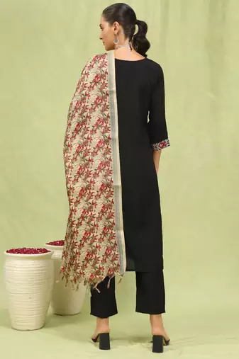 Vredevogel  women   s viscose roman silk embroidery straight kurta pant with dupatta set