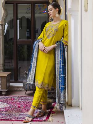 Vredevogel  women   s viscose roman silk embroidery straight kurta pant with dupatta set 1