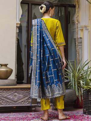Vredevogel  women   s viscose roman silk embroidery straight kurta pant with dupatta set 2