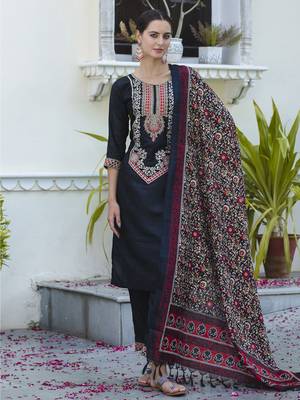 Vredevogel  women   s viscose roman silk embroidery straight kurta pant with dupatta set 1