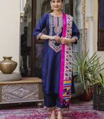 Vredevogel  women   s viscose roman silk embroidery straight kurta pant with dupatta set