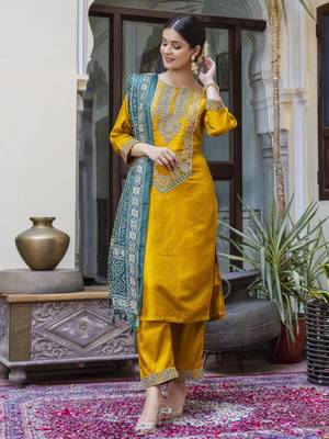 Vredevogel  women   s viscose roman silk embroidery straight kurta pant with dupatta set 1