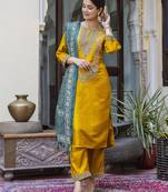 Vredevogel  women   s viscose roman silk embroidery straight kurta pant with dupatta set