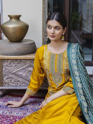 Vredevogel  women   s viscose roman silk embroidery straight kurta pant with dupatta set 4
