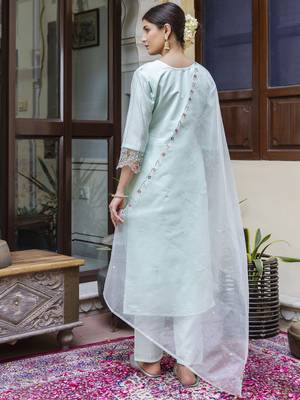Vredevogel  women   s viscose roman silk embroidery straight kurta pant with dupatta set 2