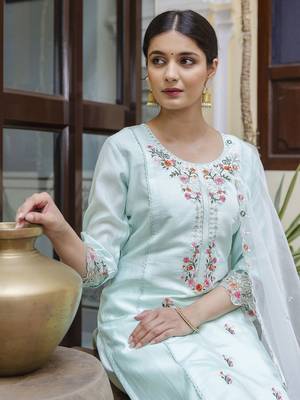 Vredevogel  women   s viscose roman silk embroidery straight kurta pant with dupatta set 3