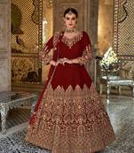 Designer wedding party wear Maroon long anarkali salwar suit velvet gown semi stitched material unstitched