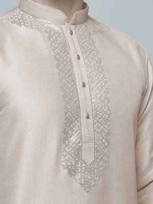 Maahi fabs bottle peach colour cotton blend mirror sequence work design ethnic long kurta for men 2