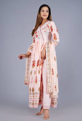 Peach Viscose Rayon Printed Kurta Pant With Dupatta 3