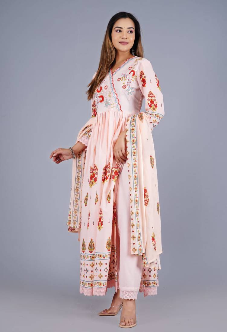 Peach Viscose Rayon Printed Kurta Pant With Dupatta