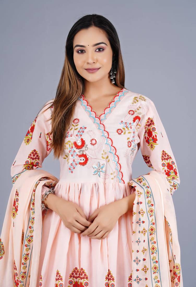 Peach Viscose Rayon Printed Kurta Pant With Dupatta