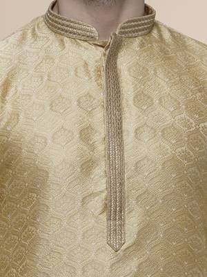 mens cotton blend stylish floral design gold kurta 2