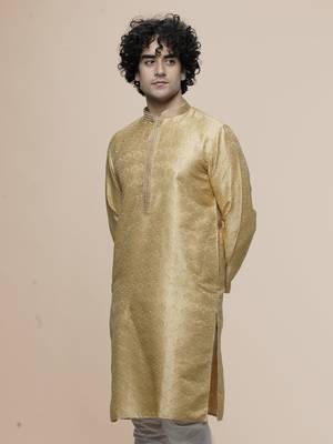 mens cotton blend stylish floral design gold kurta 3