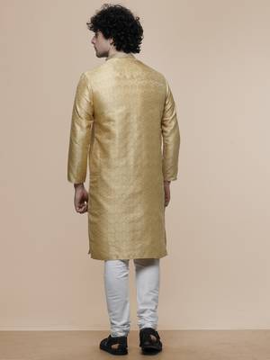 mens cotton blend stylish floral design gold kurta 4