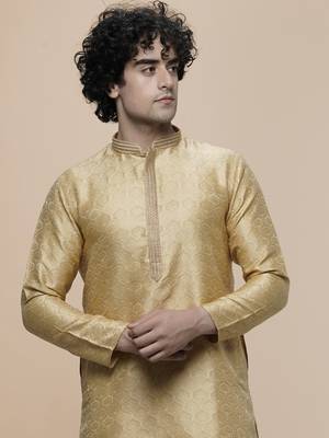mens cotton blend stylish floral design gold kurta 5