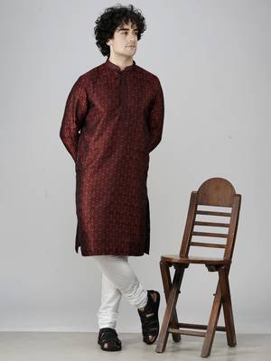 Maahi fabs mens cotton blend stylish floral design maroon kurta for pefect wedding and prty occasion 1