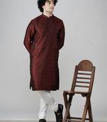 Maahi fabs mens cotton blend stylish floral design maroon kurta for pefect wedding and prty occasion
