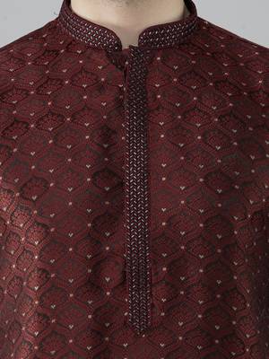 Maahi fabs mens cotton blend stylish floral design maroon kurta for pefect wedding and prty occasion 2