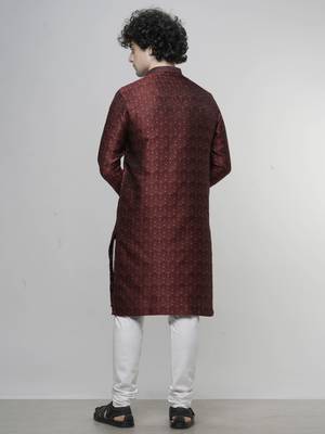 Maahi fabs mens cotton blend stylish floral design maroon kurta for pefect wedding and prty occasion 3