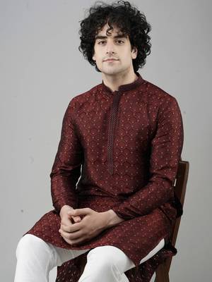 Maahi fabs mens cotton blend stylish floral design maroon kurta for pefect wedding and prty occasion 4