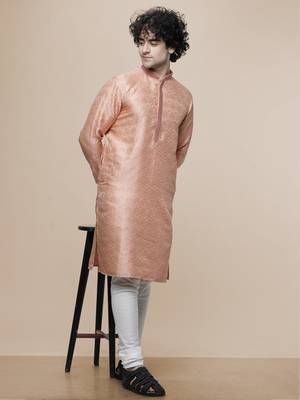mens peach cotton blend stylish floral kurta 1