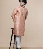 mens peach cotton blend stylish floral kurta