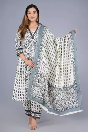 Grey Viscose Rayon Printed Kurta Pant With Dupatta
