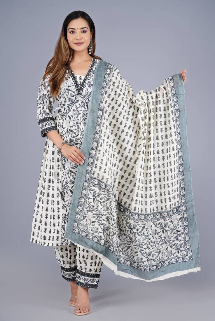 Grey Viscose Rayon Printed Kurta Pant With Dupatta