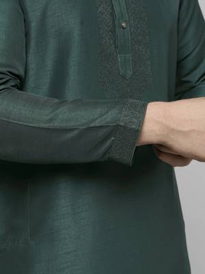 bottle green colour cotton blend mirror sequence work design ethnic long kurta for men 2