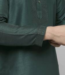 bottle green colour cotton blend mirror sequence work design ethnic long kurta for men