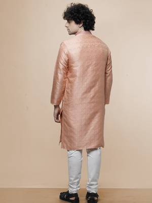 mens peach cotton blend stylish floral kurta 2