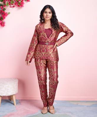  rust jacquard ethnic motifs brocade woven design festive & party co-ord set 1
