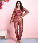 rust jacquard ethnic motifs brocade woven design festive & party co-ord set