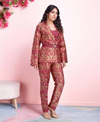  rust jacquard ethnic motifs brocade woven design festive & party co-ord set 2