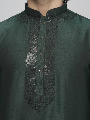 bottle green colour cotton blend mirror sequence work design ethnic long kurta for men 3