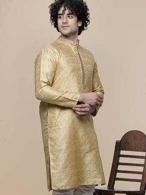 mens cotton blend stylish floral design gold kurta 1