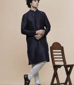Maahi fabs mens cotton blend stylish floral design navyblue kurta for pefect wedding and prty occasion