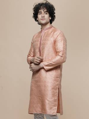 mens peach cotton blend stylish floral kurta 3