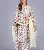 Cream Viscose Rayon Floral Print Kurta Pant With Dupatta