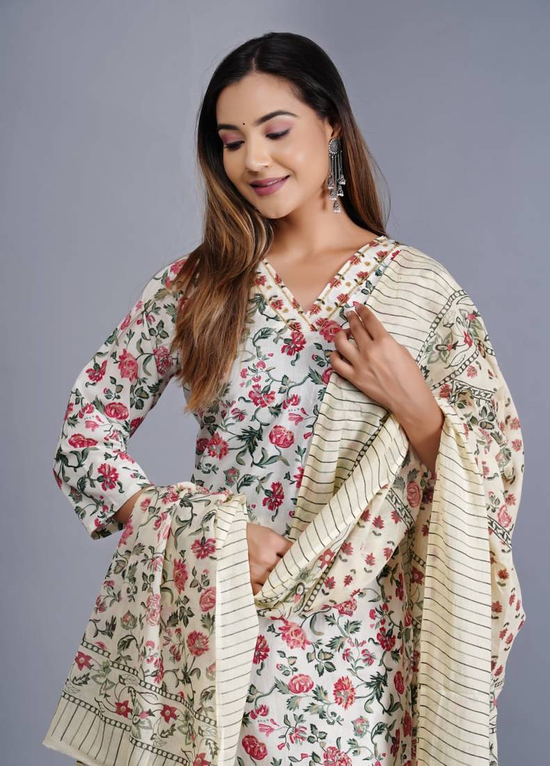 Cream Viscose Rayon Floral Print Kurta Pant With Dupatta