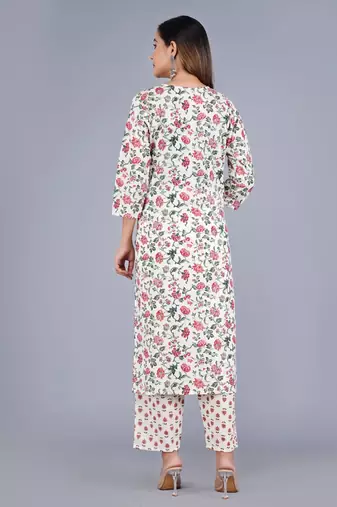 Cream Viscose Rayon Floral Print Kurta Pant With Dupatta