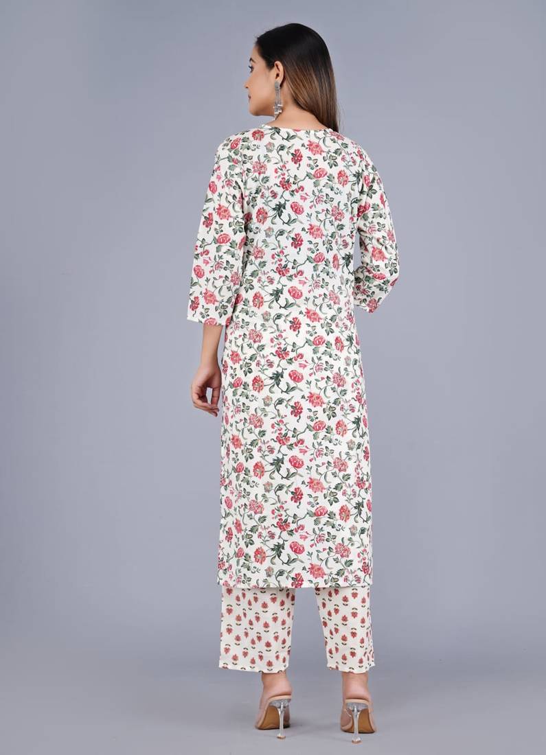 Cream Viscose Rayon Floral Print Kurta Pant With Dupatta