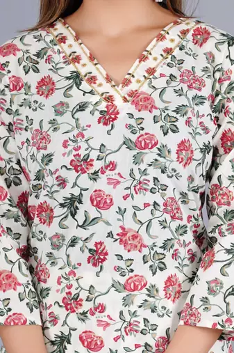 Cream Viscose Rayon Floral Print Kurta Pant With Dupatta
