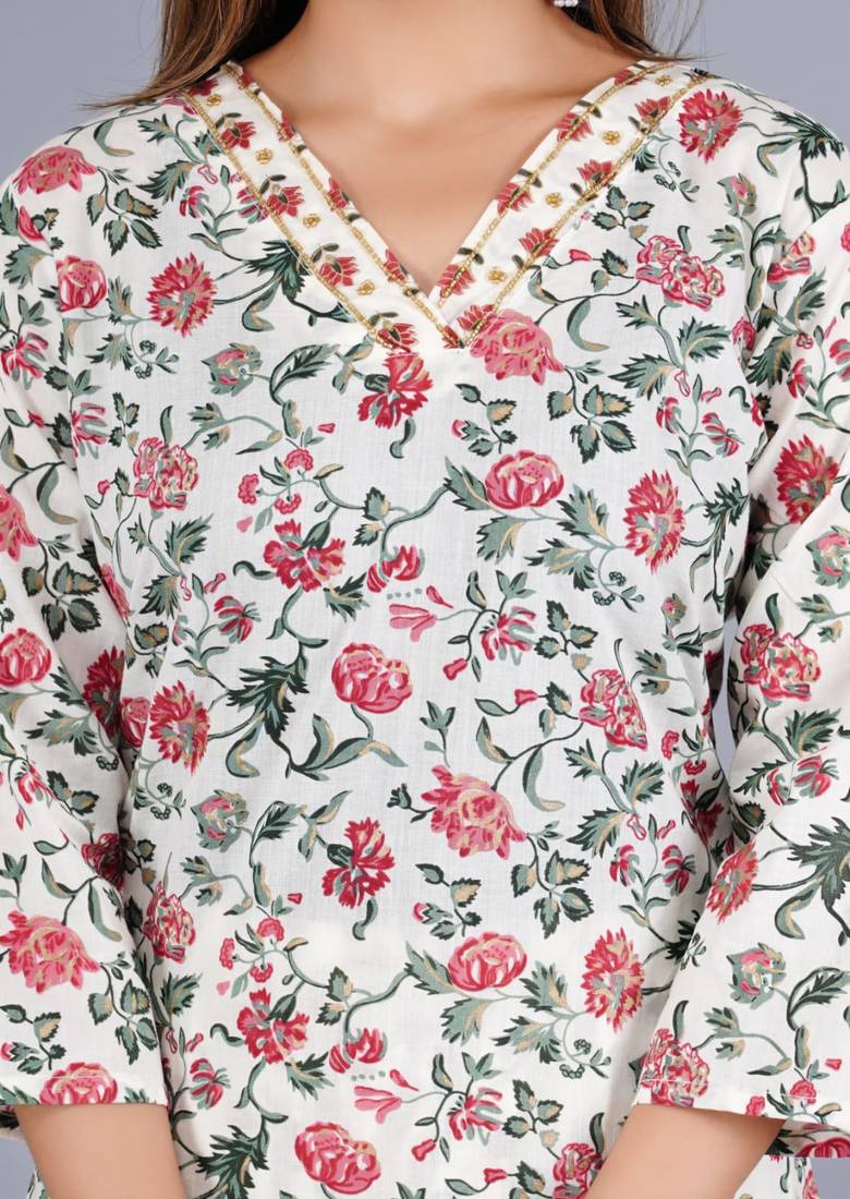 Cream Viscose Rayon Floral Print Kurta Pant With Dupatta